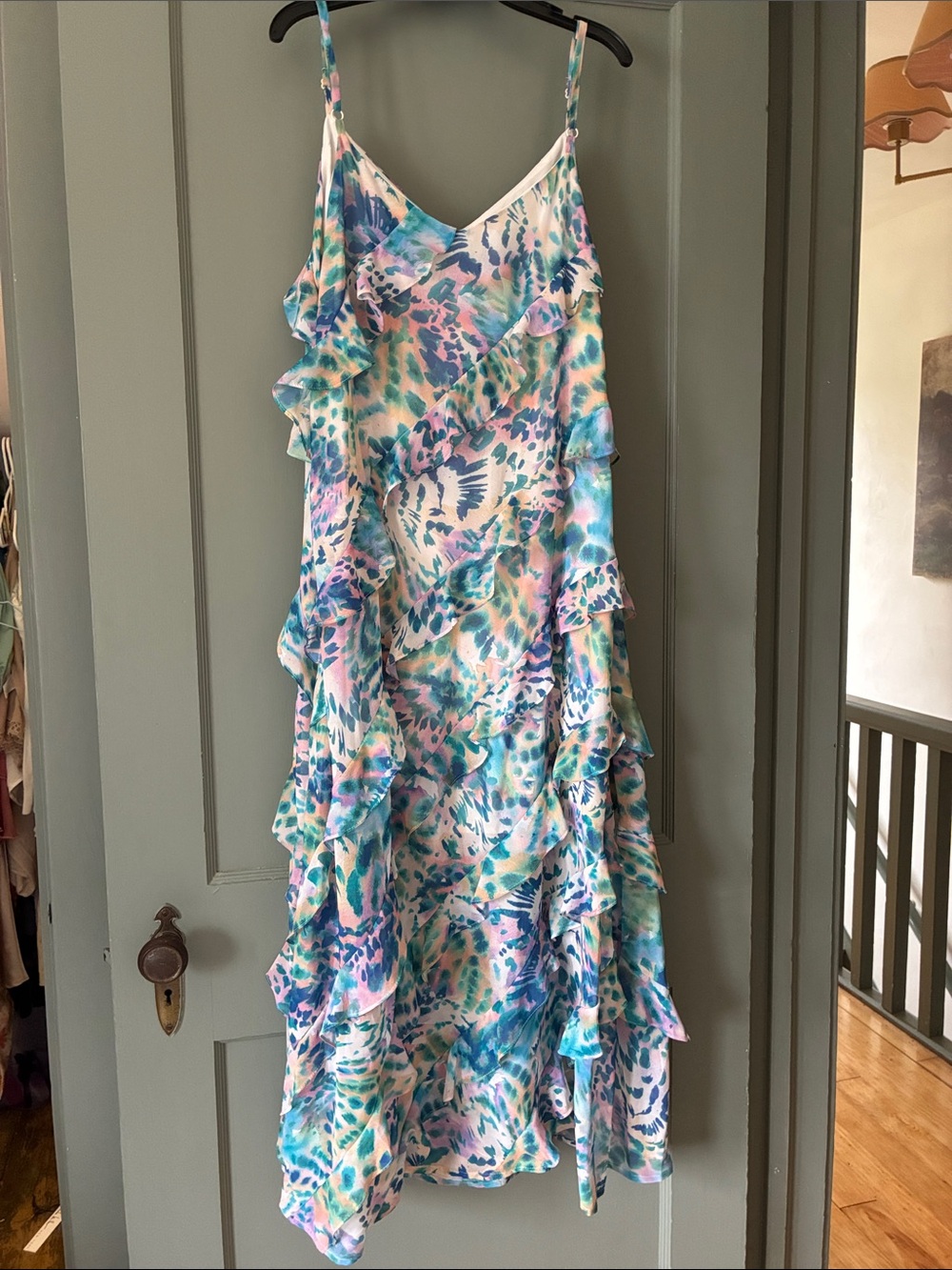 Steve Madden Multicolor Ruffle Midi Dress in Blue, Pink & Green